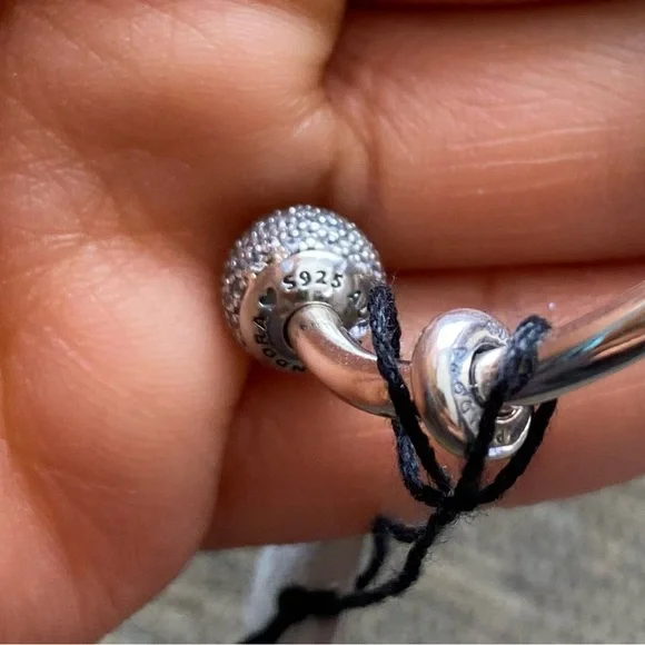 NWT Pandora Charm Carrier Moments SilverPave Bangle Bracelet w/ 2 Stoppers Sz 1